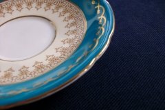 AYNSLEY AQUA BLUE #7611- FILIGREE, GOLD SCROLLS- DEMI CUP & SAUCER   .....   http://jaapiesfinechinastore.com