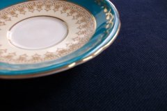 AYNSLEY AQUA BLUE #7611- FILIGREE, GOLD SCROLLS- DEMI CUP & SAUCER   .....   http://jaapiesfinechinastore.com