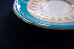 AYNSLEY AQUA BLUE #7611- FILIGREE, GOLD SCROLLS- DEMI CUP & SAUCER   .....   http://jaapiesfinechinastore.com