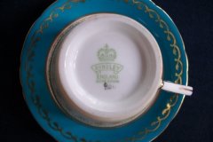 AYNSLEY AQUA BLUE #7611- FILIGREE, GOLD SCROLLS- DEMI CUP & SAUCER   .....   http://jaapiesfinechinastore.com