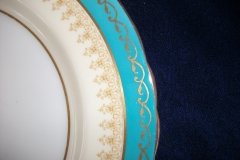 AYNSLEY AQUA BLUE #7611- FILIGREE, GOLD SCROLLS-  DINNER PLATE    .....   http://jaapiesfinechinastore.com