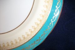 AYNSLEY AQUA BLUE #7611- FILIGREE, GOLD SCROLLS-  DINNER PLATE    .....   http://jaapiesfinechinastore.com