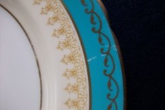 AYNSLEY AQUA BLUE #7611- FILIGREE, GOLD SCROLLS-  DINNER PLATE    .....   http://jaapiesfinechinastore.com