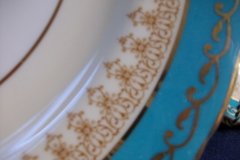 AYNSLEY AQUA BLUE #7611- FILIGREE, GOLD SCROLLS-  LUNCH PLATE    .....   http://jaapiesfinechinastore.com