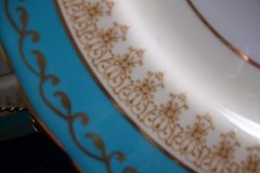 AYNSLEY AQUA BLUE #7611- FILIGREE, GOLD SCROLLS-  LUNCH PLATE    .....   http://jaapiesfinechinastore.com