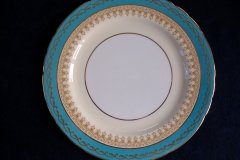 AYNSLEY AQUA BLUE #7611- FILIGREE, GOLD SCROLLS-  LUNCH PLATE    .....   http://jaapiesfinechinastore.com