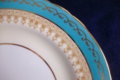 AYNSLEY AQUA BLUE #7611- FILIGREE, GOLD SCROLLS-  LUNCH PLATE    .....   http://jaapiesfinechinastore.com