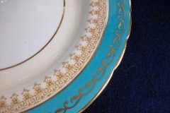 AYNSLEY AQUA BLUE #7611- FILIGREE, GOLD SCROLLS-  LUNCH PLATE    .....   http://jaapiesfinechinastore.com