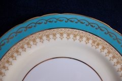 AYNSLEY AQUA BLUE #7611- FILIGREE, GOLD SCROLLS-  LUNCH PLATE    .....   http://jaapiesfinechinastore.com