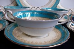 AYNSLEY AQUA BLUE #7611- FILIGREE, GOLD SCROLLS-  SOUP BOWL & SAUCER    .....   http://jaapiesfinechinastore.com