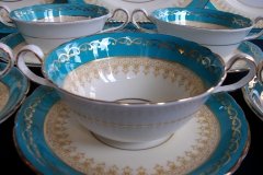 AYNSLEY AQUA BLUE #7611- FILIGREE, GOLD SCROLLS-  SOUP BOWL & SAUCER    .....   http://jaapiesfinechinastore.com