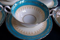 AYNSLEY AQUA BLUE #7611- FILIGREE, GOLD SCROLLS-  SOUP BOWL & SAUCER    .....   http://jaapiesfinechinastore.com
