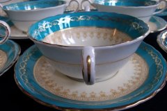 AYNSLEY AQUA BLUE #7611- FILIGREE, GOLD SCROLLS-  SOUP BOWL & SAUCER    .....   http://jaapiesfinechinastore.com