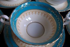 AYNSLEY AQUA BLUE #7611- FILIGREE, GOLD SCROLLS-  SOUP BOWL & SAUCER    .....   http://jaapiesfinechinastore.com