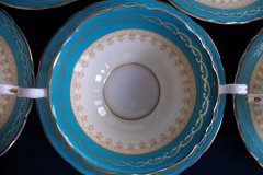 AYNSLEY AQUA BLUE #7611- FILIGREE, GOLD SCROLLS-  SOUP BOWL & SAUCER    .....   http://jaapiesfinechinastore.com
