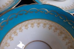 AYNSLEY AQUA BLUE #7611- FILIGREE, GOLD SCROLLS-  SOUP BOWL & SAUCER    .....   http://jaapiesfinechinastore.com