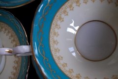 AYNSLEY AQUA BLUE #7611- FILIGREE, GOLD SCROLLS-  SOUP BOWL & SAUCER    .....   http://jaapiesfinechinastore.com