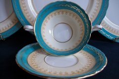 AYNSLEY AQUA BLUE #7611- FILIGREE, GOLD SCROLLS-  SOUP BOWL & SAUCER    .....   http://jaapiesfinechinastore.com