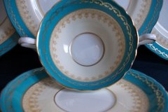 AYNSLEY AQUA BLUE #7611- FILIGREE, GOLD SCROLLS-  SOUP BOWL & SAUCER    .....   http://jaapiesfinechinastore.com
