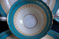 AYNSLEY AQUA BLUE #7611- FILIGREE, GOLD SCROLLS-  SOUP BOWL & SAUCER    .....   http://jaapiesfinechinastore.com