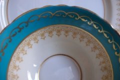 AYNSLEY AQUA BLUE #7611- FILIGREE, GOLD SCROLLS-  SOUP BOWL & SAUCER    .....   http://jaapiesfinechinastore.com