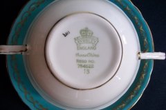 AYNSLEY AQUA BLUE #7611- FILIGREE, GOLD SCROLLS-  SOUP BOWL & SAUCER    .....   http://jaapiesfinechinastore.com
