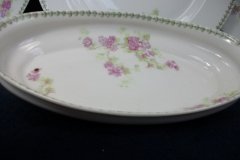 CMC-  MAUREIL CHAPEAU & CHARLES-  PURPLE VIOLETS-  CANOE SHAPE SERVING DISH   ..... http://jaapiesfinechinastore.com