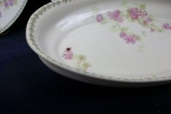 CMC-  MAUREIL CHAPEAU & CHARLES-  PURPLE VIOLETS-  CANOE SHAPE SERVING DISH   ..... http://jaapiesfinechinastore.com