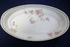 CMC-  MAUREIL CHAPEAU & CHARLES-  PURPLE VIOLETS-  CANOE SHAPE SERVING DISH   ..... http://jaapiesfinechinastore.com