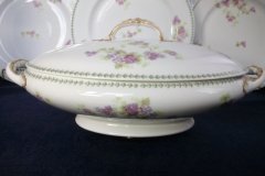 CMC-  MAUREIL CHAPEAU & CHARLES-  PURPLE VIOLETS-  OVAL COVERED SERVING BOWL  ..... http://jaapiesfinechinastore.com