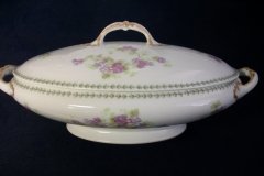 CMC-  MAUREIL CHAPEAU & CHARLES-  PURPLE VIOLETS-  OVAL COVERED SERVING BOWL  ..... http://jaapiesfinechinastore.com
