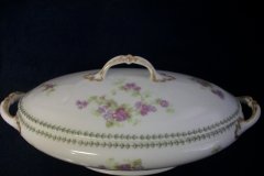 CMC-  MAUREIL CHAPEAU & CHARLES-  PURPLE VIOLETS-  OVAL COVERED SERVING BOWL  ..... http://jaapiesfinechinastore.com