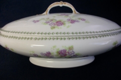 CMC-  MAUREIL CHAPEAU & CHARLES-  PURPLE VIOLETS-  OVAL COVERED SERVING BOWL  ..... https://www.jaapiesfinechinastore.com