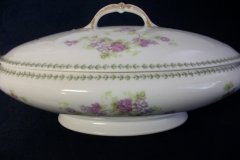 CMC-  MAUREIL CHAPEAU & CHARLES-  PURPLE VIOLETS-  OVAL COVERED SERVING BOWL  ..... http://jaapiesfinechinastore.com