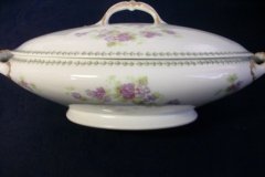CMC-  MAUREIL CHAPEAU & CHARLES-  PURPLE VIOLETS-  OVAL COVERED SERVING BOWL  ..... http://jaapiesfinechinastore.com