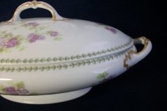 CMC-  MAUREIL CHAPEAU & CHARLES-  PURPLE VIOLETS-  OVAL COVERED SERVING BOWL  ..... http://jaapiesfinechinastore.com