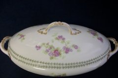 CMC-  MAUREIL CHAPEAU & CHARLES-  PURPLE VIOLETS-  OVAL COVERED SERVING BOWL  ..... http://jaapiesfinechinastore.com