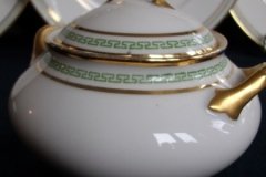 PORCELAINE LIMOUSINE/MARTIAL REDON GREEN GREEK KEY-  COVERED SUGAR BOWL   ..... http://jaapiesfinechinastore.com