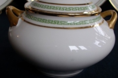 PORCELAINE LIMOUSINE/MARTIAL REDON GREEN GREEK KEY-  COVERED SUGAR BOWL   ..... https://www.jaapiesfinechinastore.com