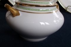 PORCELAINE LIMOUSINE/MARTIAL REDON GREEN GREEK KEY-  COVERED SUGAR BOWL   ..... http://jaapiesfinechinastore.com