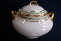 PORCELAINE LIMOUSINE/MARTIAL REDON GREEN GREEK KEY-  COVERED SUGAR BOWL   ..... http://jaapiesfinechinastore.com