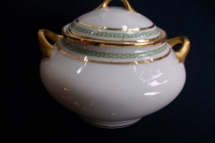 PORCELAINE LIMOUSINE/MARTIAL REDON GREEN GREEK KEY-  COVERED SUGAR BOWL   ..... https://www.jaapiesfinechinastore.com