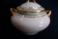 PORCELAINE LIMOUSINE/MARTIAL REDON GREEN GREEK KEY-  COVERED SUGAR BOWL   ..... http://jaapiesfinechinastore.com