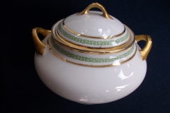 PORCELAINE LIMOUSINE/MARTIAL REDON GREEN GREEK KEY-  COVERED SUGAR BOWL   ..... https://www.jaapiesfinechinastore.com