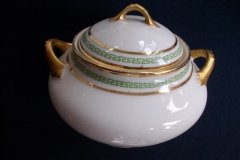 PORCELAINE LIMOUSINE/MARTIAL REDON GREEN GREEK KEY-  COVERED SUGAR BOWL   ..... http://jaapiesfinechinastore.com