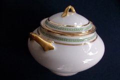 PORCELAINE LIMOUSINE/MARTIAL REDON GREEN GREEK KEY-  COVERED SUGAR BOWL   ..... http://jaapiesfinechinastore.com