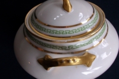 PORCELAINE LIMOUSINE/MARTIAL REDON GREEN GREEK KEY-  COVERED SUGAR BOWL   ..... https://www.jaapiesfinechinastore.com