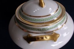 PORCELAINE LIMOUSINE/MARTIAL REDON GREEN GREEK KEY-  COVERED SUGAR BOWL   ..... http://jaapiesfinechinastore.com