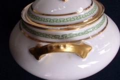 PORCELAINE LIMOUSINE/MARTIAL REDON GREEN GREEK KEY-  COVERED SUGAR BOWL   ..... https://www.jaapiesfinechinastore.com