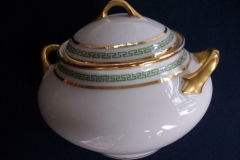 PORCELAINE LIMOUSINE/MARTIAL REDON GREEN GREEK KEY-  COVERED SUGAR BOWL   ..... https://www.jaapiesfinechinastore.com